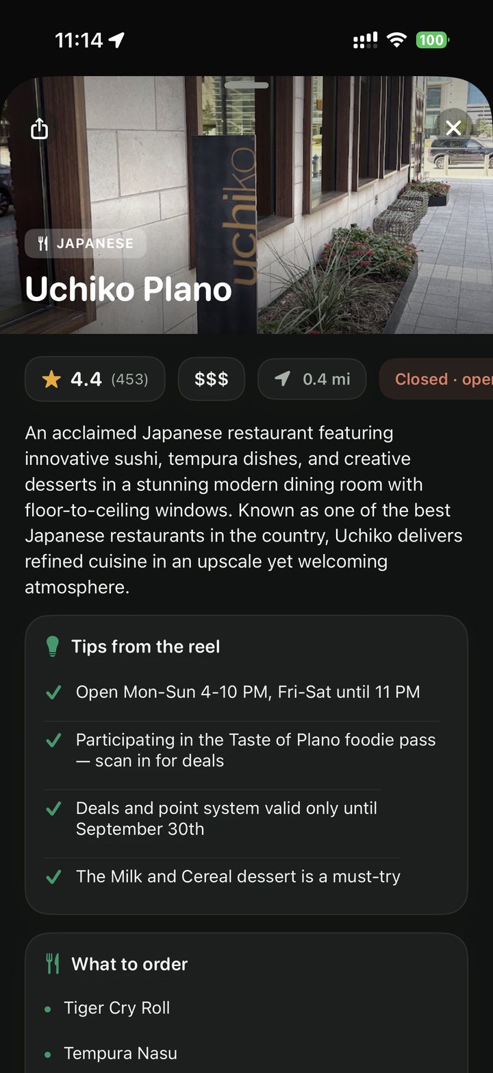 Place detail — tips, what to order, hours