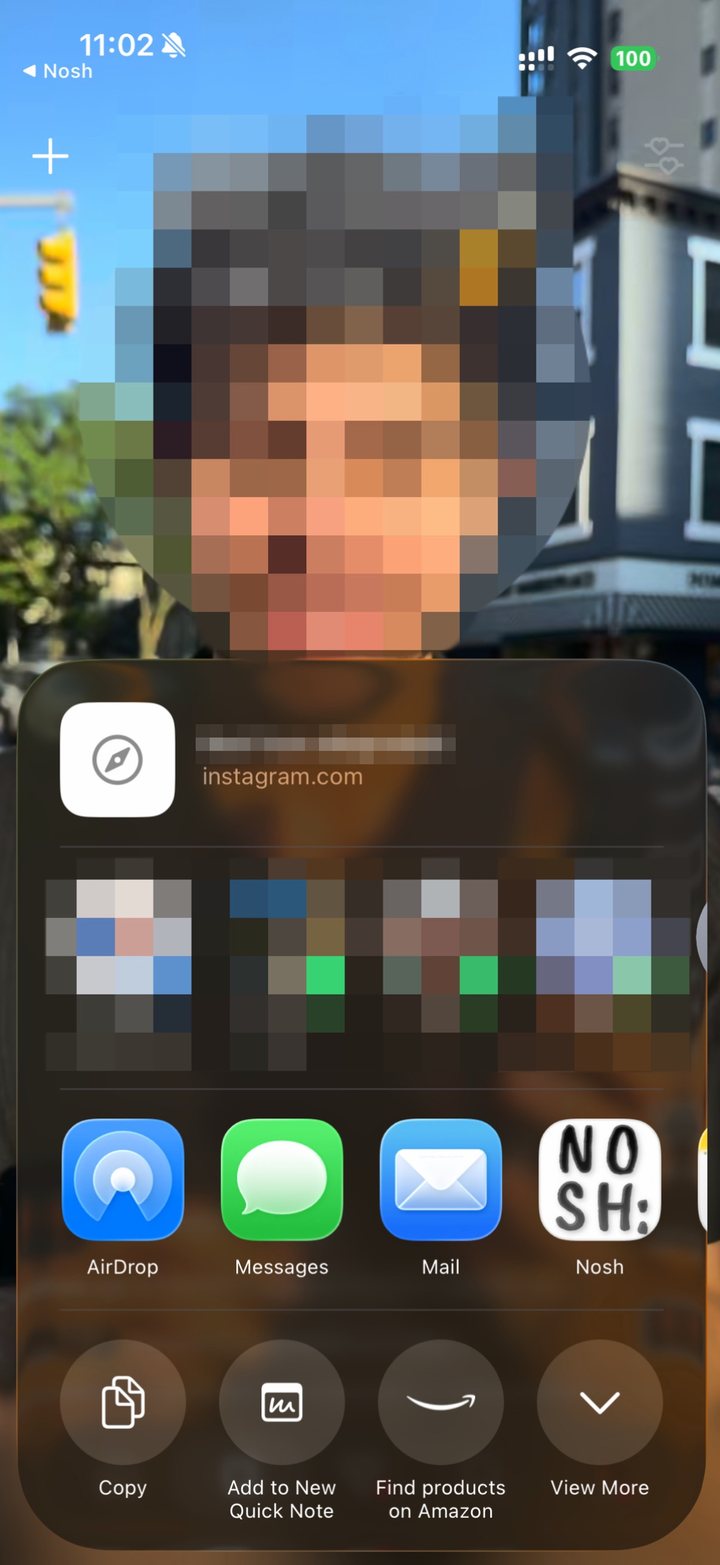 Instagram share sheet with Nosh visible in the row