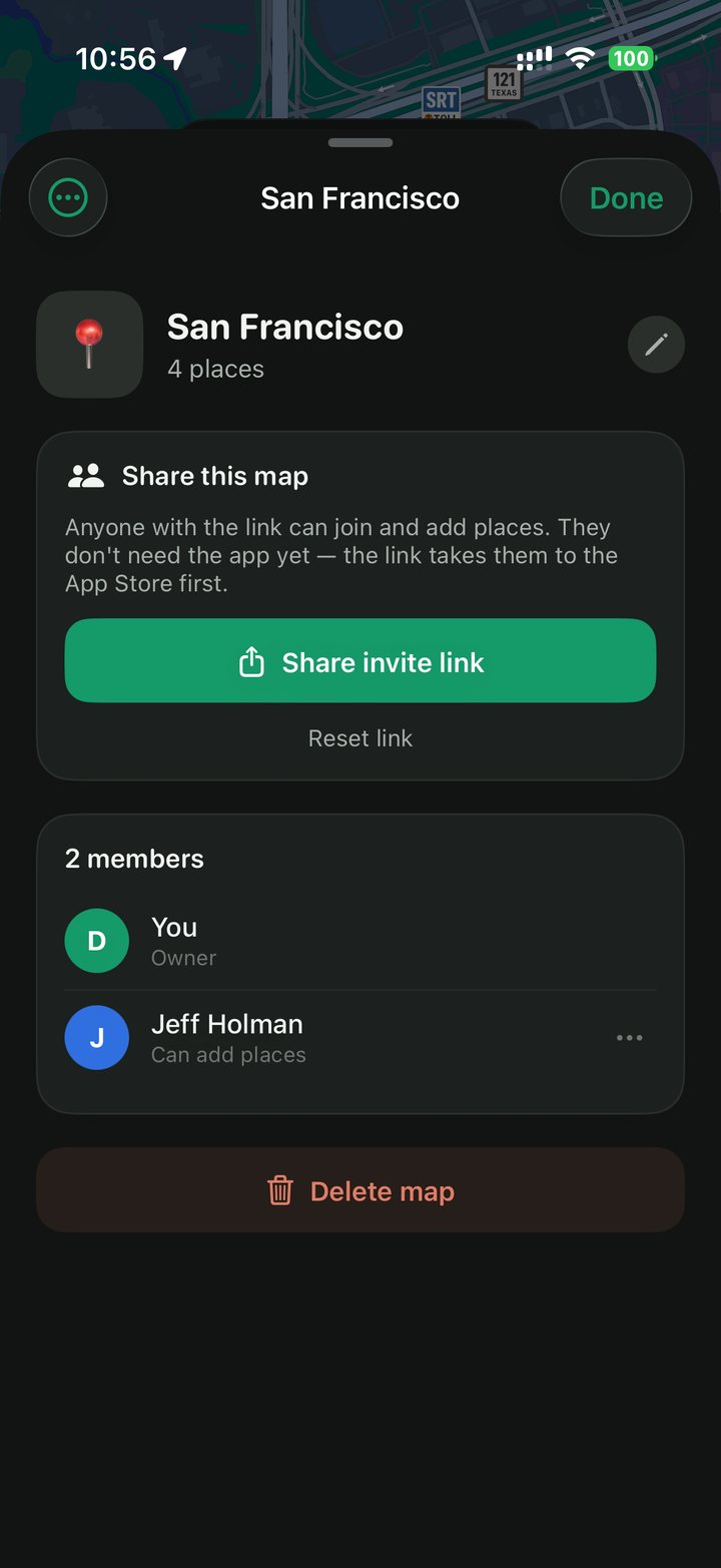 Shared map — member avatars and the invite sheet