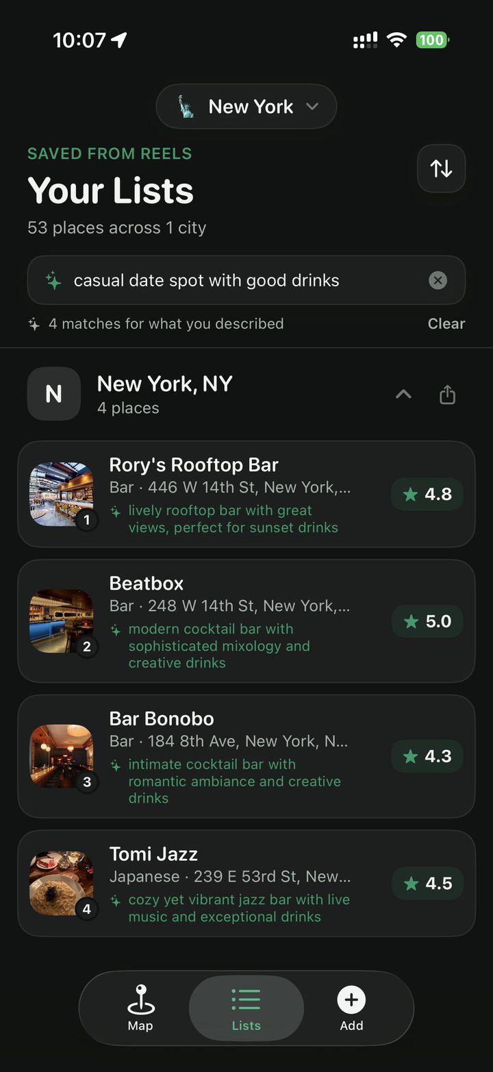 Vibe search — results with the reason each one matched
